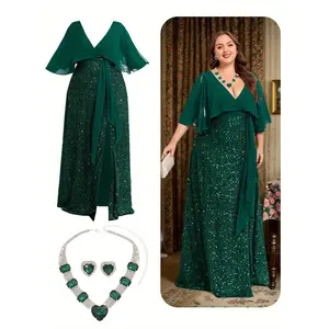 Plus Size Women Dress with Necklace Earrings V Neck Sequin Sparking Split Dress Cape Sleeves with Belt for Wedding Evening Prom Retro Elegant Maxi Dress Formal Womenswear