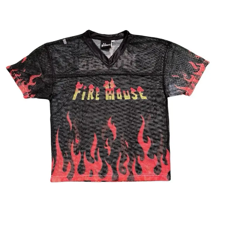 Varsity Mesh Football Jersey Firehouse Design with Red Flames Black Background