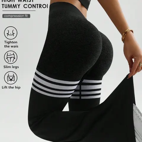 Women's Striped Print Wide Leg Pants, Comfortable Breathable High Waist Sportswear for Yoga Gym Running, Casual Fitness for All Seasons, Gym Sportswear Bottoms, Yoga Training Pants, Knitted Sports Pants, Knit Sports Trousers