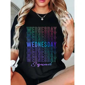100% Cotton Wednesday Squad Matching Group Colorful Repeating Text T-Shirt