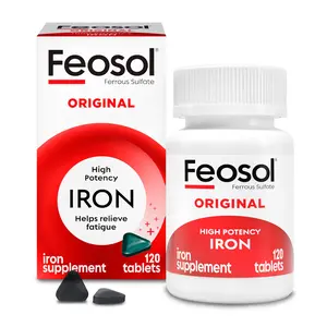 (A)Feosol Original Iron Supplement Tablets – 325mg Ferrous Sulfate (65mg Elemental Iron), Non-Heme Iron, Energy & Immune Support, 120 Count, Made in USA