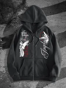 Dark Angel Print Zipper Cardigan, American High Street Style Oversized Hoodie Sweatshirt, Unisex Spring & Fall Fashion