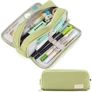 Large Capacity Pencil Case 3 Compartment Pouch Pen Bag for School Teen Girl Boy Men Women (Green)