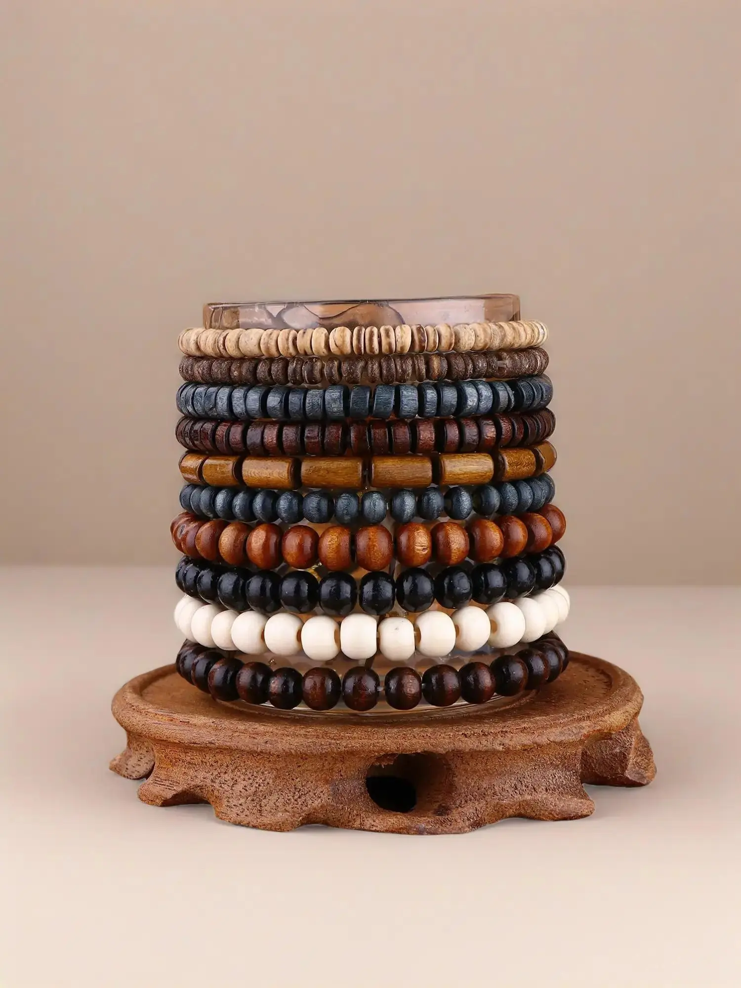 10Pcs 5-8 mm Casual Wood Beaded Bracelet for Men Women Buddhist Beads Elastic Bangle Jewelry Bangles Bracelets Set Fashion Accessories