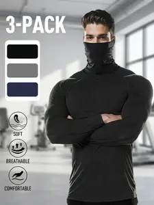 3-Piece Men's High Neck Compression Shirt Set Quick-Dry Breathable Turtleneck Top for Gym Running Yoga & Outdoor Training Sweat Absorbent Sleeveless Muscle T-Shirt RR6016609 Compressive Athletic Sweatshirts Comfortable Long-Sleeve Polos