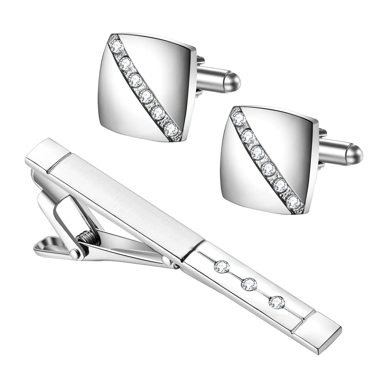 OIDEA Brass Tie Clip & Cuff Links Set - Unisex, Rhinestone-Accented, Polished Finish, Secure Hold Fashion Accessory for Business Dress Shirts, Wedding Grooms summerwins,summerwins
