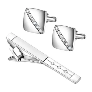 Tie Clip Cuff Links: Mens Silver Brass Necktie Clips Bar Cufflinks with Rhinestone Business Dress Shirts Wedding Tuxedo Classic Cufflink for Groom Ceremony Party Daily Life Elegant Gift