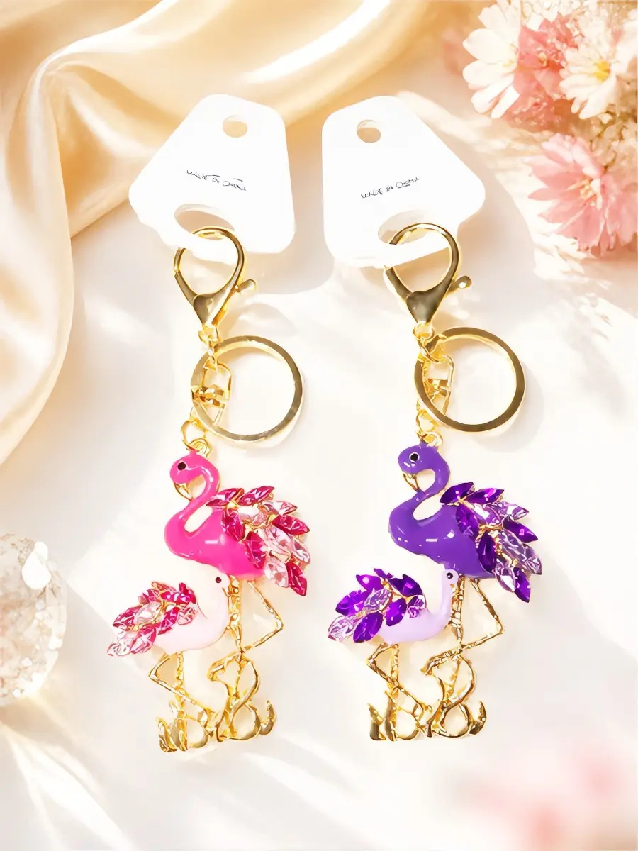 Flamingo Keychain with Crystal Accents in Pink and Purple Colors for Women's Accessories