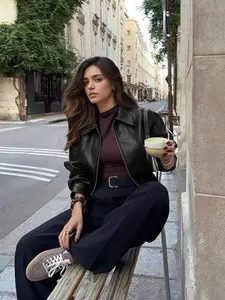 Manneqi Retro American Casual Chic Lapel Zipper Black Leather Jacket Short Coat For Women Spring