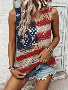 Independence Day Fashion Women's Hollow-out Sleeveless Vest Top, V-neck with Star Print, Vacation Style, Casual and Elegant, Suitable for Commute, Comfortable and Breathable for Spring, Summer and Autumn.