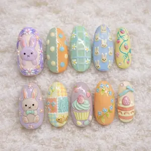 Easter Cottagecore Press On Nails, 3D Bunny Cupcake Design, Cute Spring Pastel Manicure, Kawaii Almond Nail Art Set, Handmade Holiday Glue On