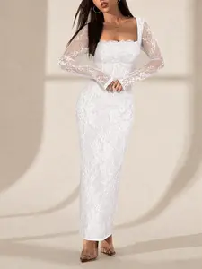 Glamorous White Lace Slim Fit Chic Dress Womenswear | Square Neck, Long Sleeves, Sexy Back Slit | Perfect for Weddings, Parties, and Casual Events #ElegantFashion #LaceGlam