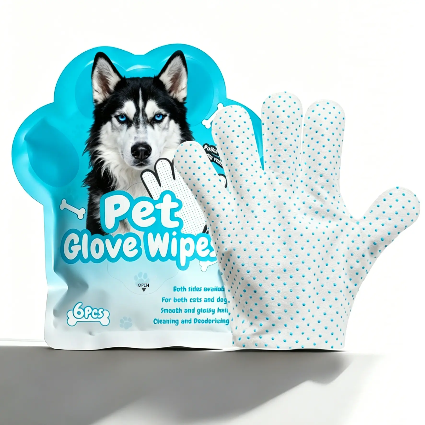 Pet Glove Wipes for Dogs & Cats, Double-Sided Textured No-Rinse Waterless Bath Gloves, Deodorizing Deep Clean Grooming Mitts,Portable Pack 6Pcs