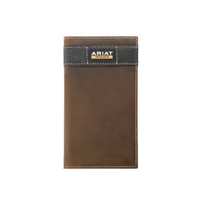 Ariat Men’s Top Grain Leather Smooth Work Checkbook Wallet - RFID Blocking, Rebar Orange Interior, Brown Men’s Wallet, Brown Men's Wallets
