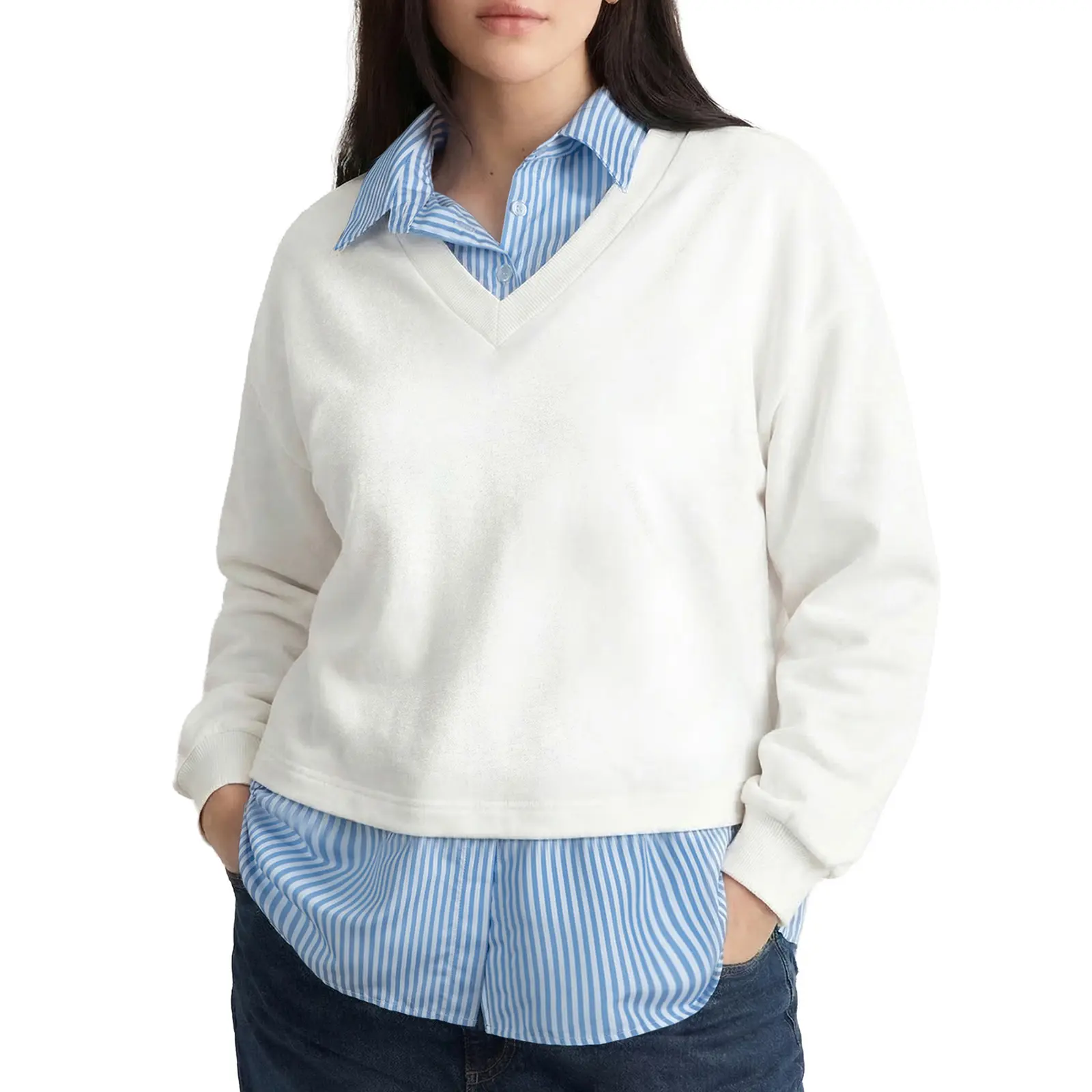 Eytino Plus Size Women's 2-in-1 Layered V Neck Sweatshirt with Striped Shirt Collar & Hem Loose Long Sleeve Preppy Pullover Top (1X-5X) Hoodie Womenswear