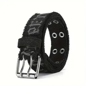 Men's Denim Belt Embossed Washed Double Buckle Casual Canvas Alloy Buckle Internet Celebrity Style Black