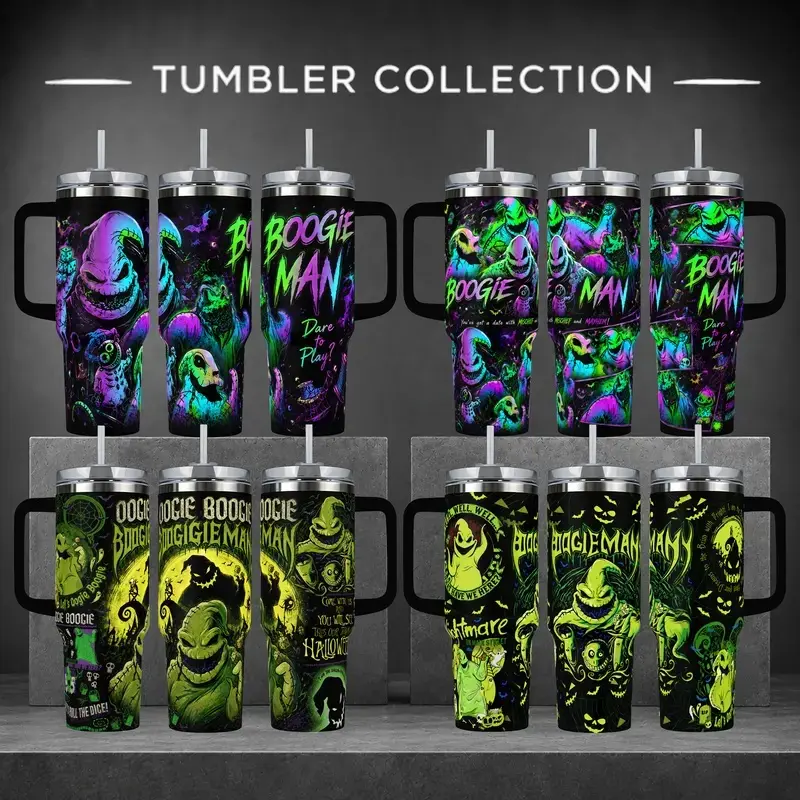 [Gift box and straw] Gambling Bogeyman Tumbler, Halloween 40oz Cup with Handle & 20oz Travel Mug. Movie Fan Gift, The Bug King Gothic Style Insulated Coffee Cup, Nightmare Before Xmas Inspired Insulated Tumbler Featuring Neon Comic Style Graph