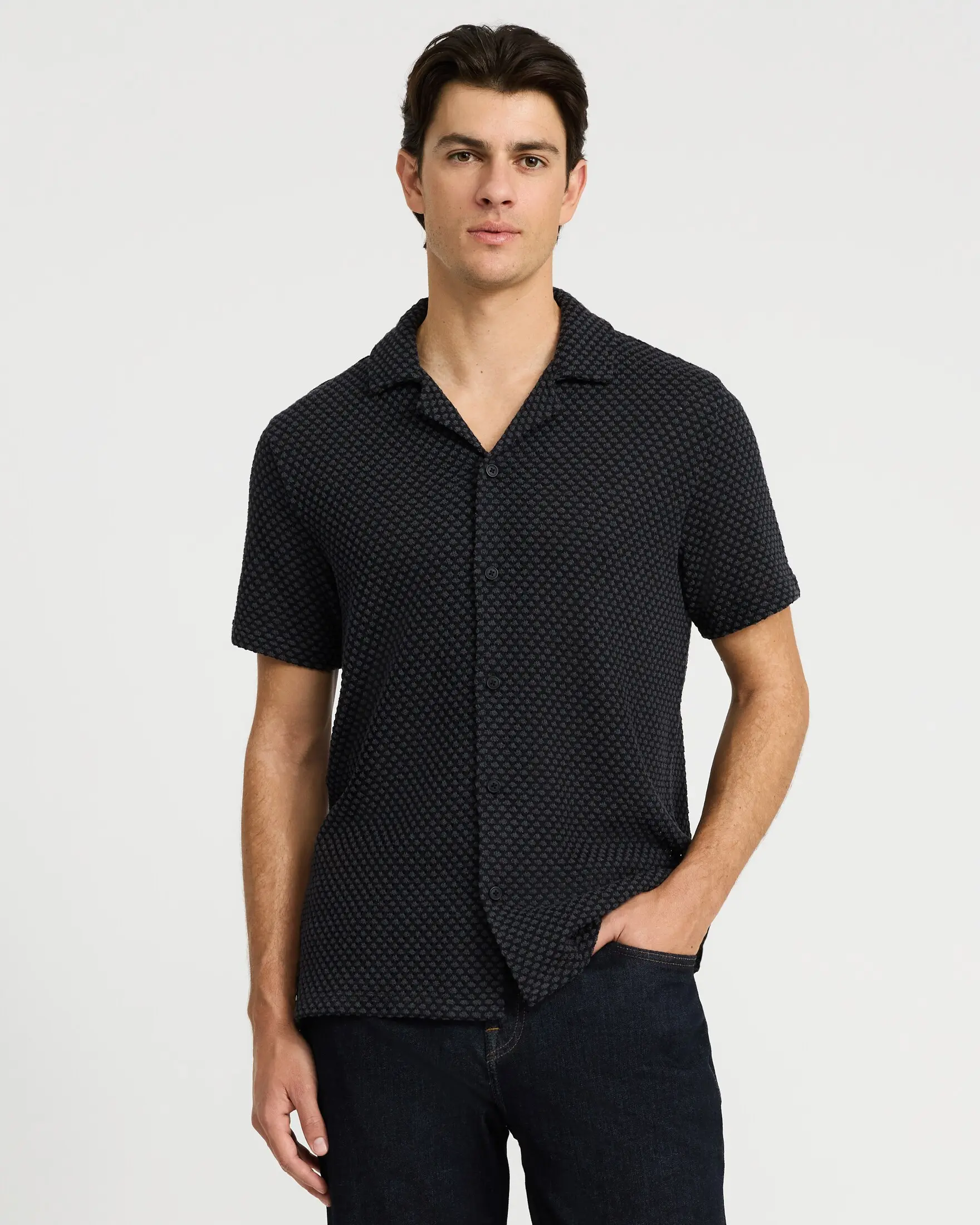 Express Textured Geo Print Cotton-Blend Polo, Jeans, Polyester, Short