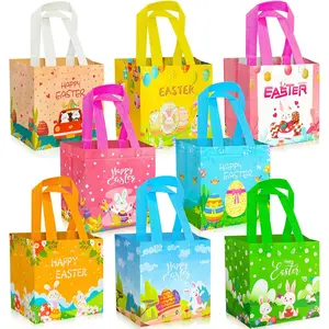 8 PCS Easter Basket Easter Wrapping Sets Reusable Easter Bags with Handle Non-Woven Easter Treat Bags for Kid Egg Hunt Candy Easter Party(8.2" x 7.68" x 5.83")