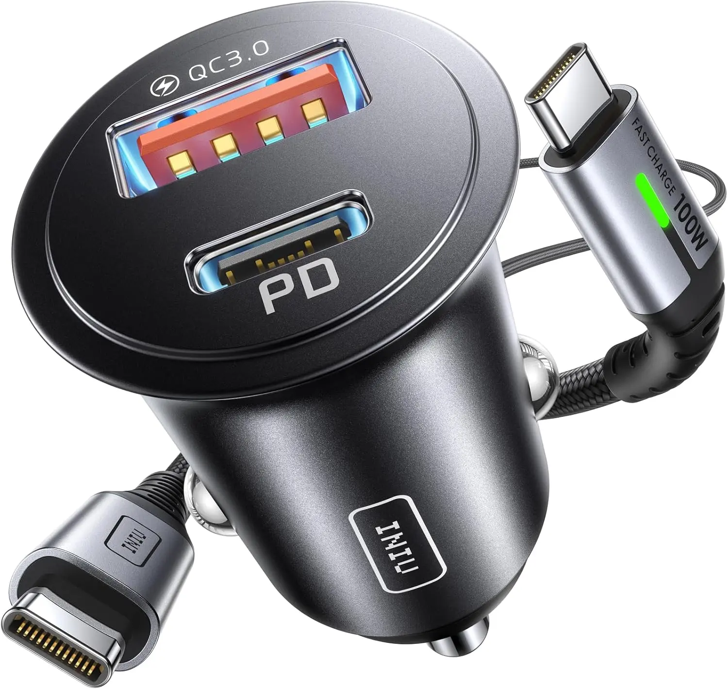 INIU Dual Ports [USB C 30W+USB A 30W] Car Charger, 5A QC 3.0 PD USB Socket with [1m] 100W Type C Cable Fast ChargeCar Charger Adapter, All-Metal Mini USB C Car Charger for iPhone 16 15 14 13 Pro Max iPad Samsung S21 MacBook Airpods Tablets 12 v