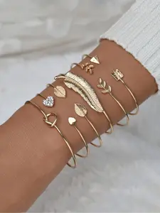 Fashionable Cuff Bangle Bracelet, Rhinestone Decor Bangles, Rhinestone Decorated Heart & Feather & Leaf Design Bracelet, Trendy Boho Style All-match & Exquisite Jewelry for Birthday Gift, Heart Shaped Bracelet