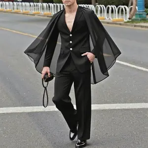INCERUN Men's 2025 Fall Lengthy Long Sleeve Formal Suit Set - Chiffon Menswear with Unique Outstretched Frill Cape, Ideal for Banquets, Black Event Attire