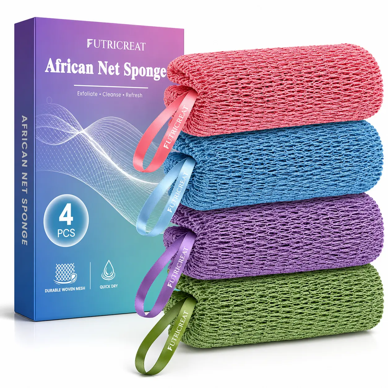 Exfoliating African Bathing Net Sponge - 45-Inch Long Back Scrubber for Shower, Washable Nylon Stretchy Bathing Net Loofahs, Sponges, & Poufs (Beauty & Personal Care Bath Accessory for Men & Women), Stretchy Netting Loofahs, Sponges, & Poufs