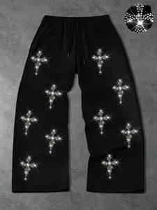 Men's Regular Fit Drawstring Waist Sport Pants, Full Print Rhinestone Cross Star High Gloss, Casual Comfortable Outdoor Wear, Outdoor Workout Sweatpants