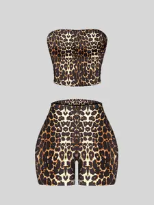 Two-Piece Set Women's Leopard Print Crop Top & Skinny Jumpsuit, Casual Fashion Cozy for Daily Outdoor Wear, Ladies Clothes for Summer, Overalls, Womenswear