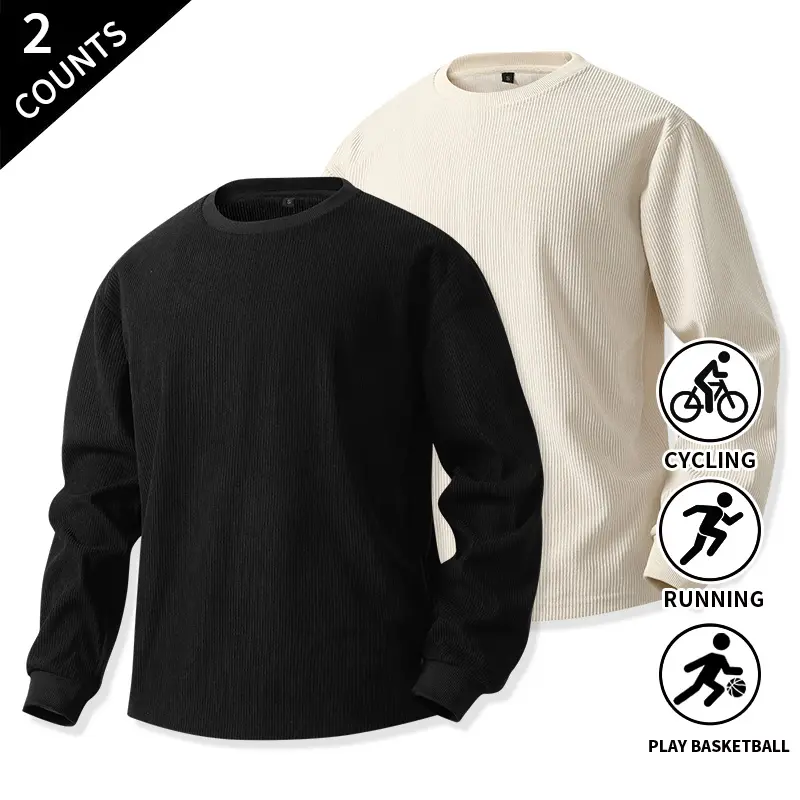 2-Pack Men’s waffle crew neck long sleeve shirts, loose fit, solid basic athletic tops for running, cycling, basketball, outdoor casual daily wear