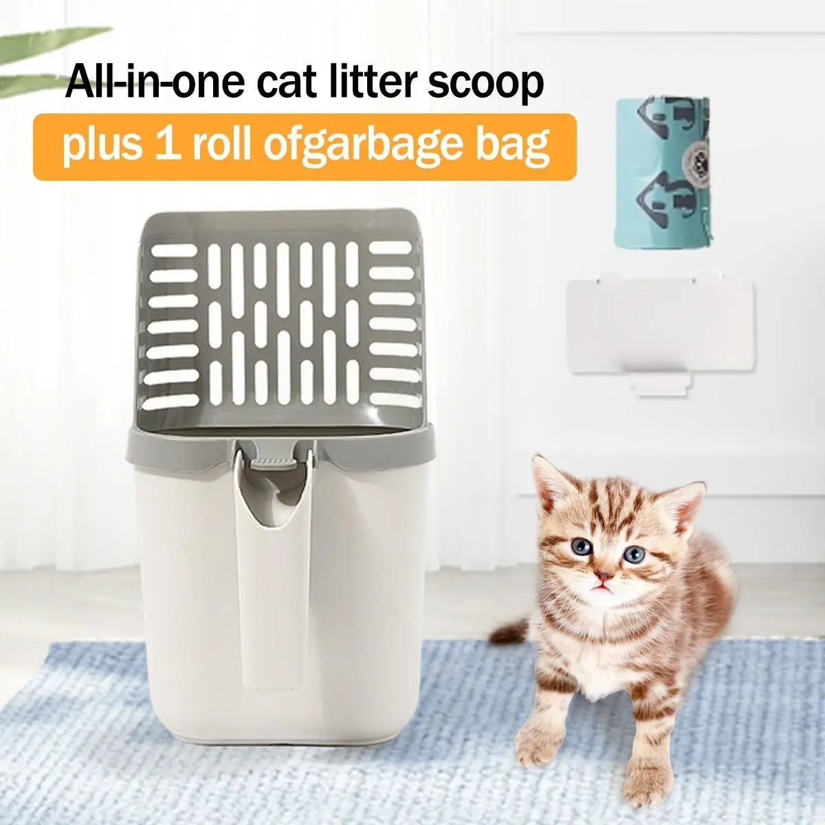 Portable Cat Litter Shovel Set - 1 Scoop, 1 Spoon Holder, Garbage Bag, High-Quality Plastic, Cold-Resistant, Easy to Handle, Odor Control, Durable Lightweight Travel Pet Supply Essential, 2-In-1 Spoon With Bracket, Smell Reduction, 1 Garbage Bag, One-Hand