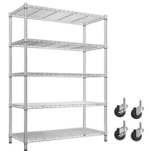 5 Tier Heavy Duty Adjustable Round-Tube Metal Shelving Unit, Wire Shelving Unit with Casters Perfect for garages, Kitchen, Pantries, Laundry, Bookshelf, Easy Assemble, Metal Round Tubes with Chrome-Plated Finish, Silver