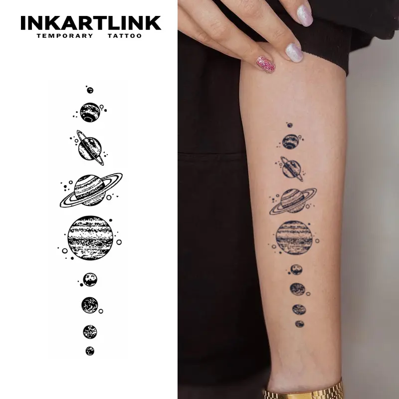INKARTLINK Tattoo Tech, 2 Sheets Medium Semi Permanent Tattoo, Adult Art Design Temporary Tattoos, Lasts 1-2 Weeks, Waterproof, Realistic Look, No Adhesive, No Reflection (Multiple Planets)