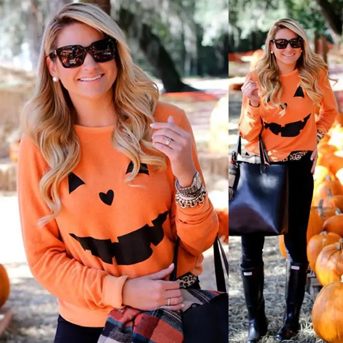 Women's Halloween Pumpkin Sweatshirt - Orange Jack-O'-Lantern Pullover