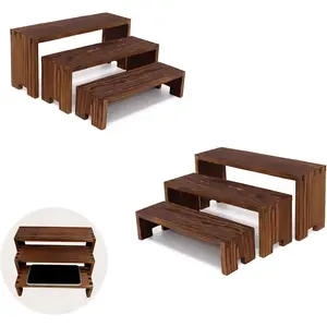 Display  Risers Wooden Stand 3 Tier  Racks Decorative Rectangular, 2 Set 6 count Cupcake Stands Cologne Perfume Organizer Dessert Showcase(Brown)