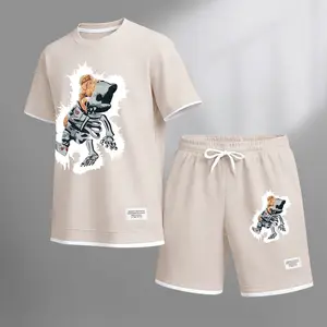 Men's fun bear print drawstring shorts set, perfect for spring and summer. This casual summer set includes a short-sleeved shirt and shorts, ideal for everyday wear and sports