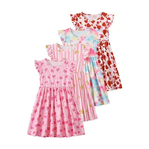 4-piece set girls' floral skating dresses, summer casual dresses for girls, polka dot short-sleeve princess A-line dress