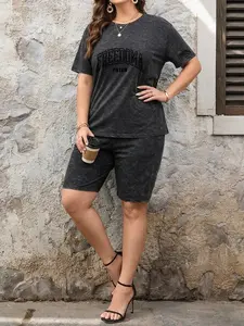 Plus Size Women's Two-Piece Set , Line Print , Vintage Distressed Short Sleeve & Shorts , Summer Versatile Casual Home & Outdoor Wear , Womenswear
