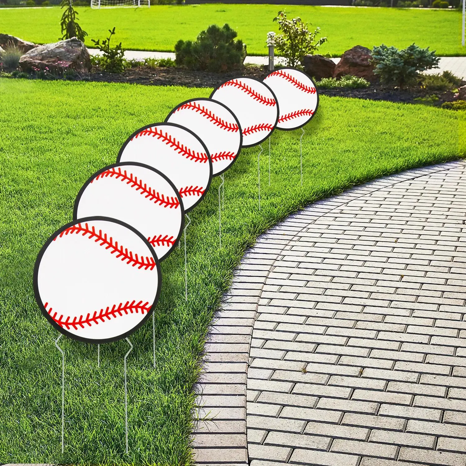Baseball-Shaped Corrugated Plastic Yard Signs - 8.25 in, 6-Pc Set, Baseball Theme Party Decor, Outdoor Yard Art