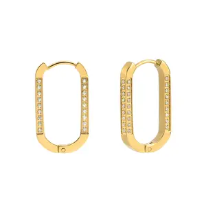 Golden Rectangle Hoop Earrings for Women, Crystal Pavé Huggie Earrings, Minimalist Geometric Statement Jewelry for Daily Wear Party Birthday Gift