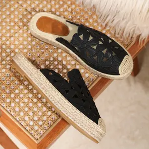 Shenrunshop [Mesh Espadrille Flats] Breathable Mesh Women's Flats | Black & Beige Slip-On Summer Mules with Floral Cut-Out Design Ideal for Vacation Casual Wear, Mule Shoes Fashion