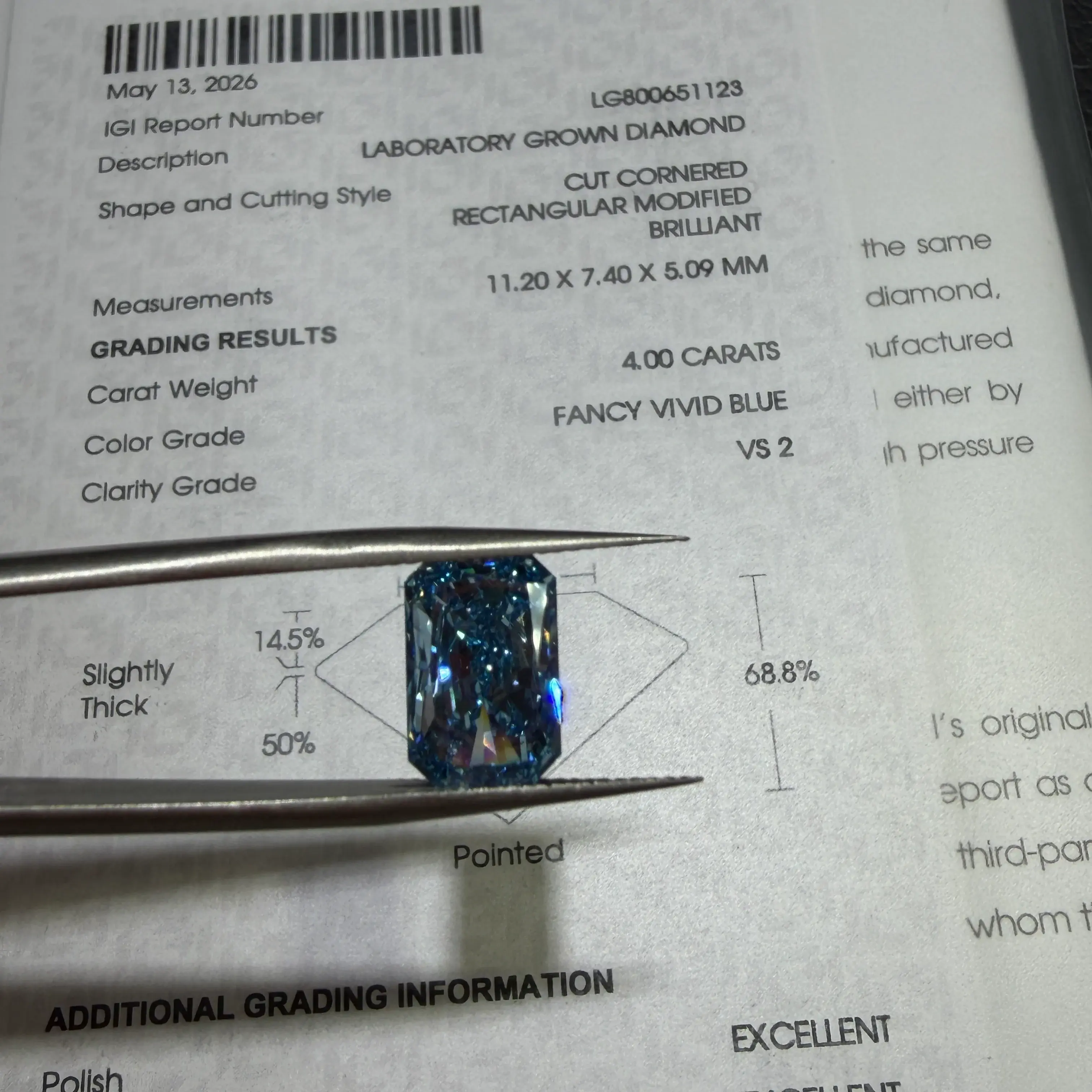 4.00ct Cut Cornered Rectangular Modified Brilliant Lab Grown Diamond (Fancy Vivid Blue, VS2, IGI Certified)