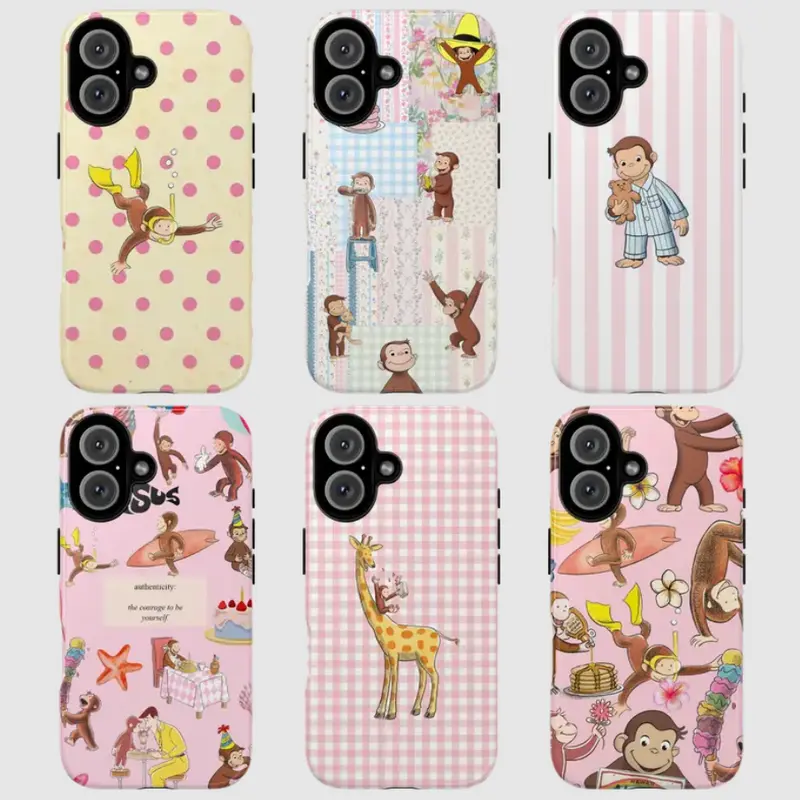 Curious George Cartoon Monkey Tough Smartphone Case - Shockproof Handheld Protection Cover for iPhone 18 Pro Max, iPhone 15 Plus & More, Cute Halloween Phone Accessory for Girls, Pink Thoughtful Gift for Women’s Phone Accessories