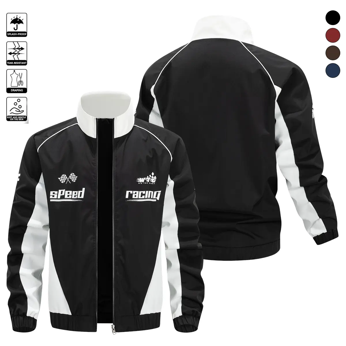 Men's Fashion Racing Graphic Stand Collar Jacket, Lightweight Windproof Outdoor Casual Bomber Jacket, Trendy Color Block Retro Streetwear for Spring/Fall Daily Activities