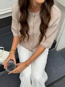 Women's Oatmeal Striped Short Sleeve Knit Cardigan, Light, Casual Fitted Style, All Seasons Wear, Gentle Wind Design, Plain Pattern