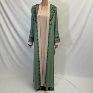 Two Piece Abaya Open Design with Embroidery Rhinestones and Belt