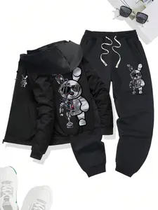 Spring and autumn new men's long-sleeved trousers two-piece mechanical rabbit pattern printing regular large size leisure sports comfortable simple men's suit