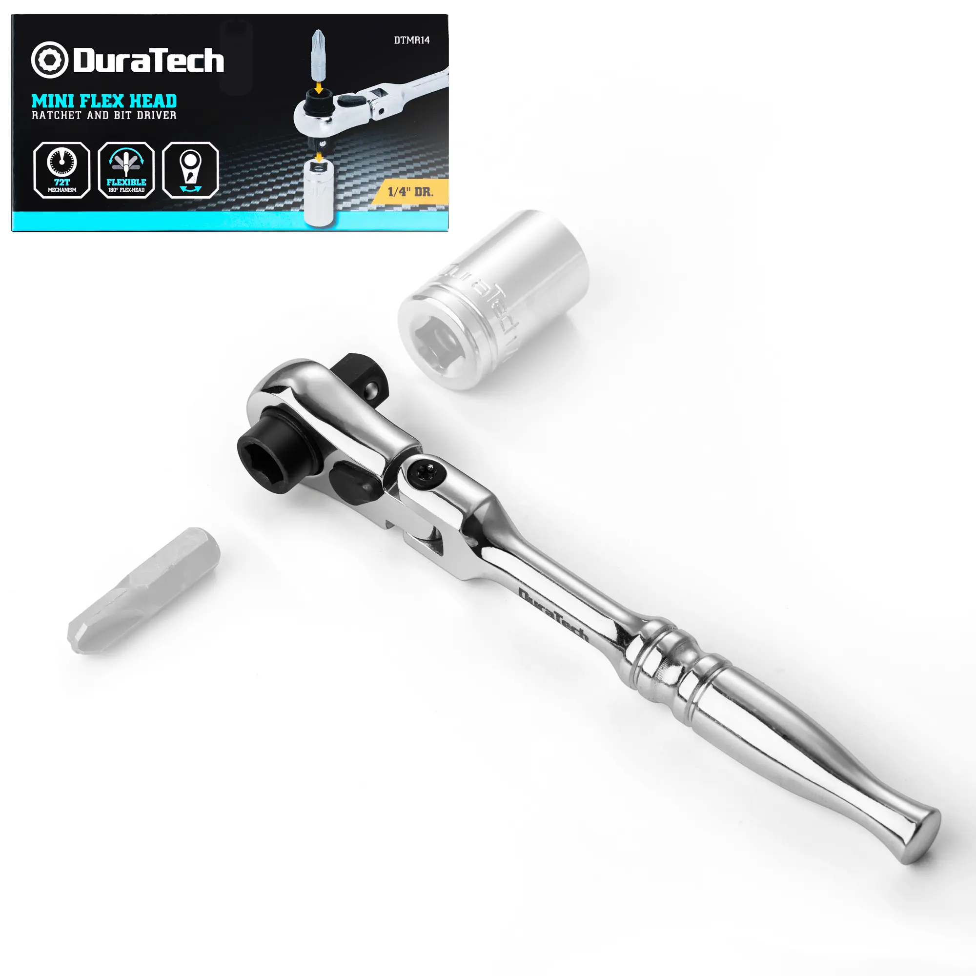 #fathersdaygift DURATECH 1/4" Drive Ratchet Handle, 2 in 1 Flex Head Ratchet, Socket&Bit Driver, 72-Tooth, Reversible Switch, Full-Polished Chrome Plating, Alloy Steel