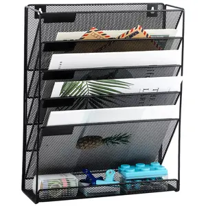 5 Layer Metal File Holder, 1 Piece Wall Mounted File Organizer, Paper Folder Rack with Bottom Flat Tray for Office and Home, Desk Organizer