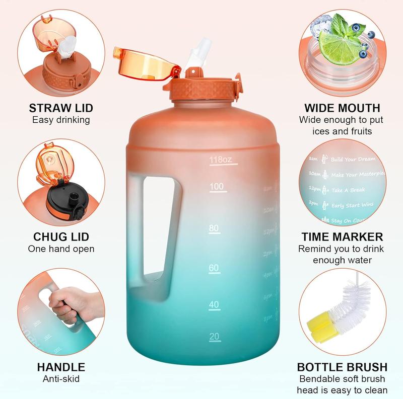GOPPUS 128 oz Gallon Water Bottle With Time Marker Big Water Bottle Motivational 1 Gallon Water Bottle With Straw Large Water Bottle Water Jug With For Drinking, 2 Lids(Straw/Chug Lid),BPA Free,Weekly Pick Sale